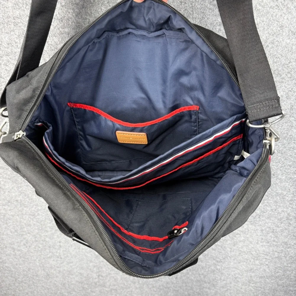 Tommy Hilfiger Mens Black Canvas‎ Messenger Bag Laptop Crossbody Stripe Accent